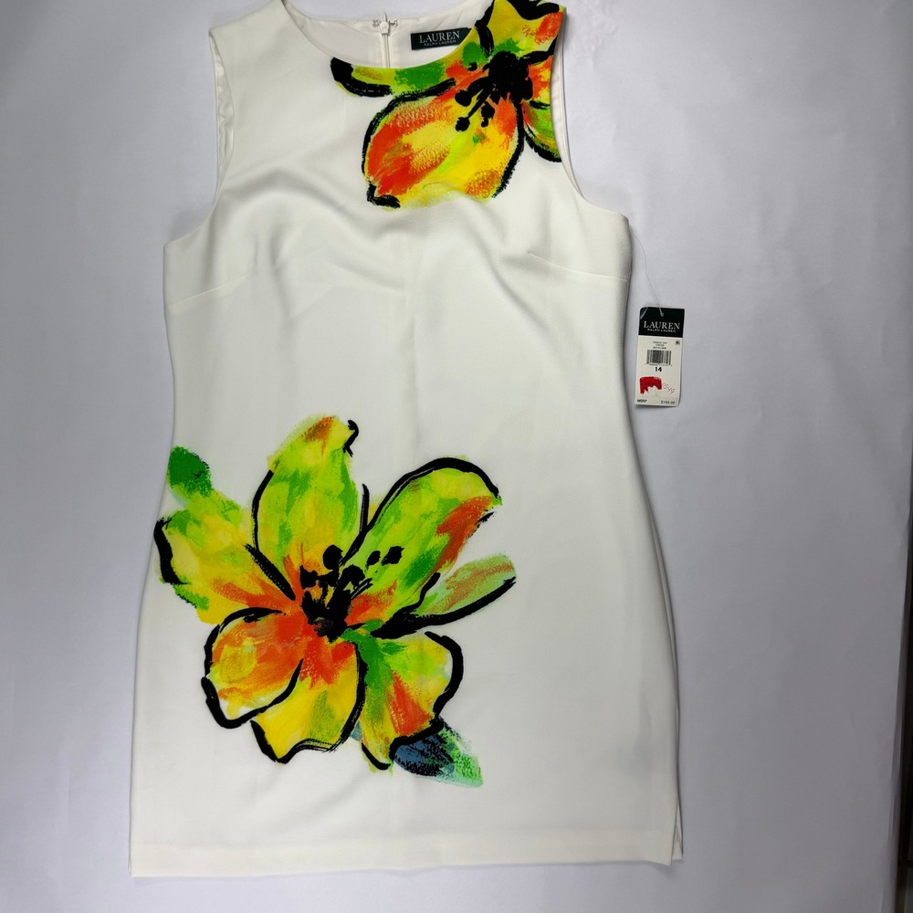 NWT $160 Lauren Ralph Lauren Womens Size 14 Dress White Floral Sleeveless Sheath